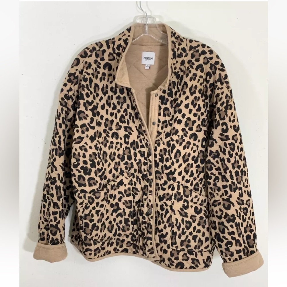 Kensie Jeans Jacket Quilted Animal Print Pocket Snap Closure Black Beige Size XL